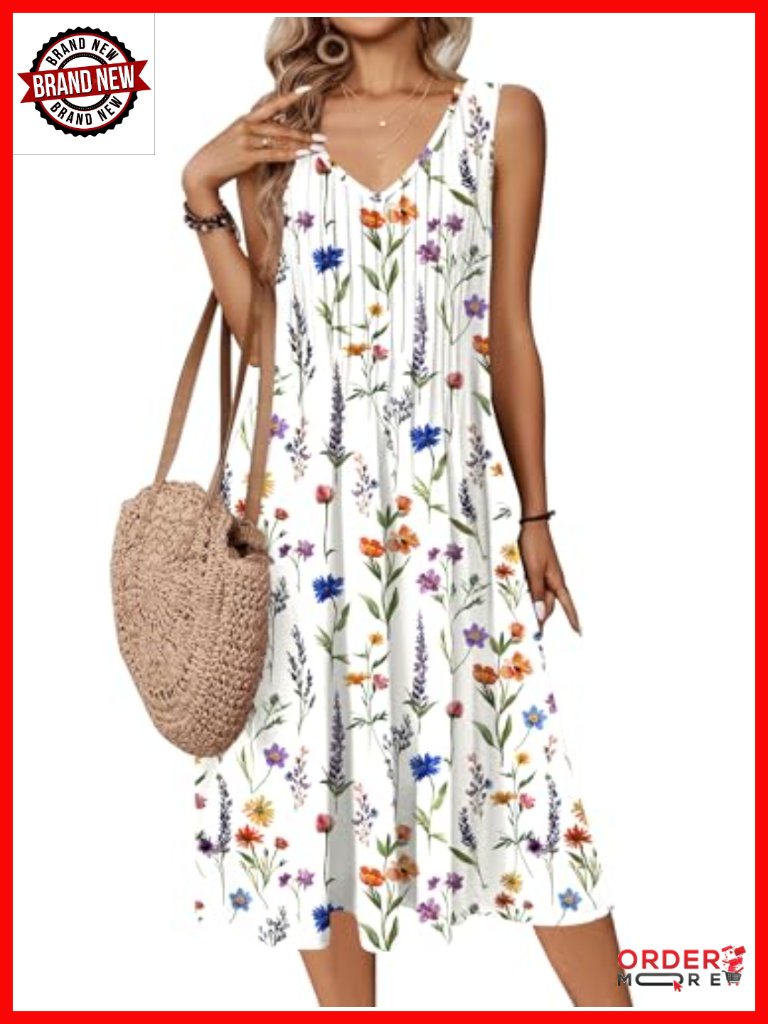 Sleeveless Midi Pleated Sundress With Pockets V-Neck A-Line Swing Tank Dress